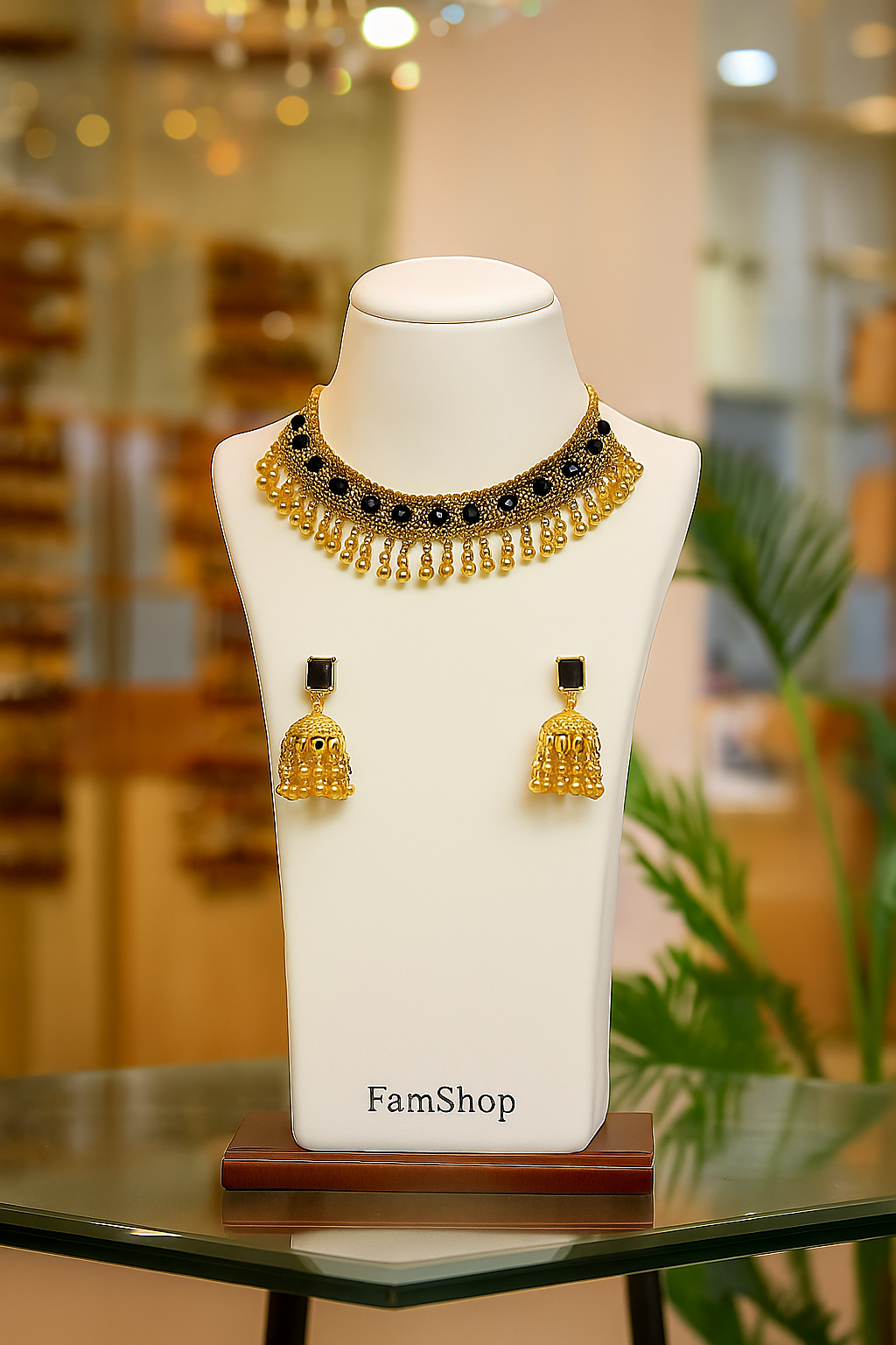 FamShop Traditional Choker Necklace Set – Gold, Red, Black & Green Variants