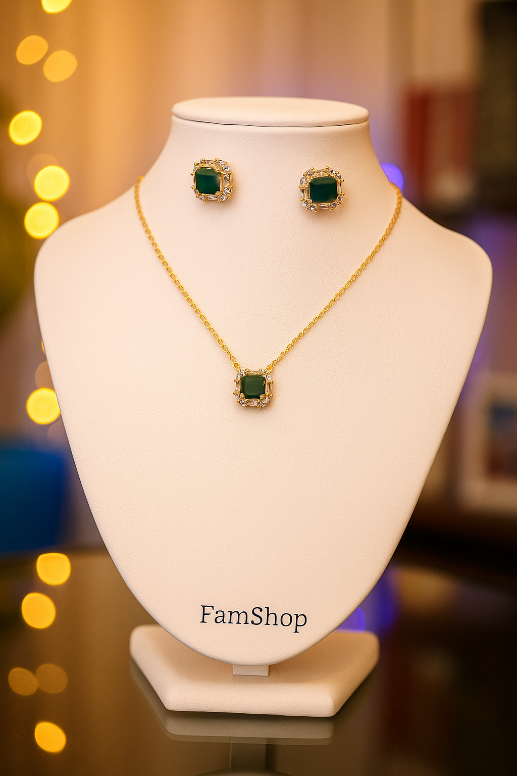 FamShop Green Stone Jewelry Set – Pendant Necklace & Earrings