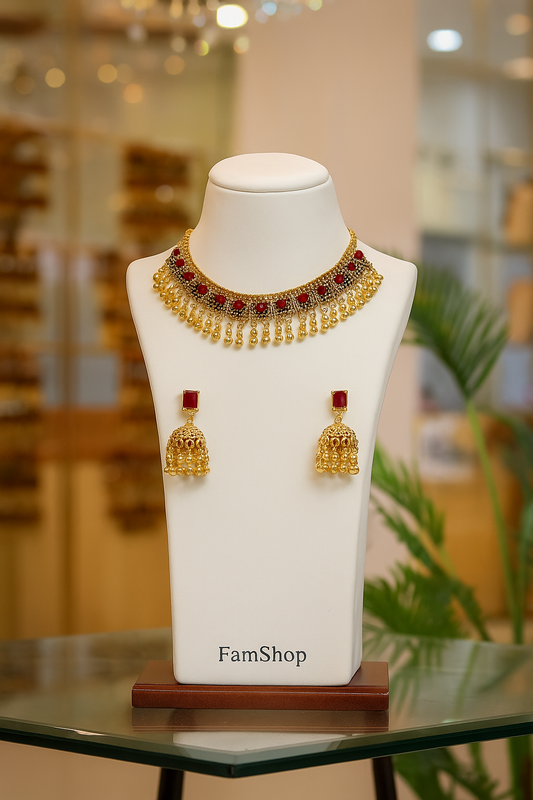 FamShop Traditional Choker Necklace Set – Gold, Red, Black & Green Variants