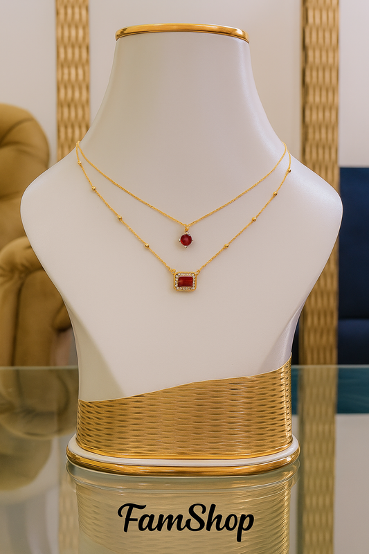 FamShop Dual Layer Red Stone Necklace – Elegant Jewelry