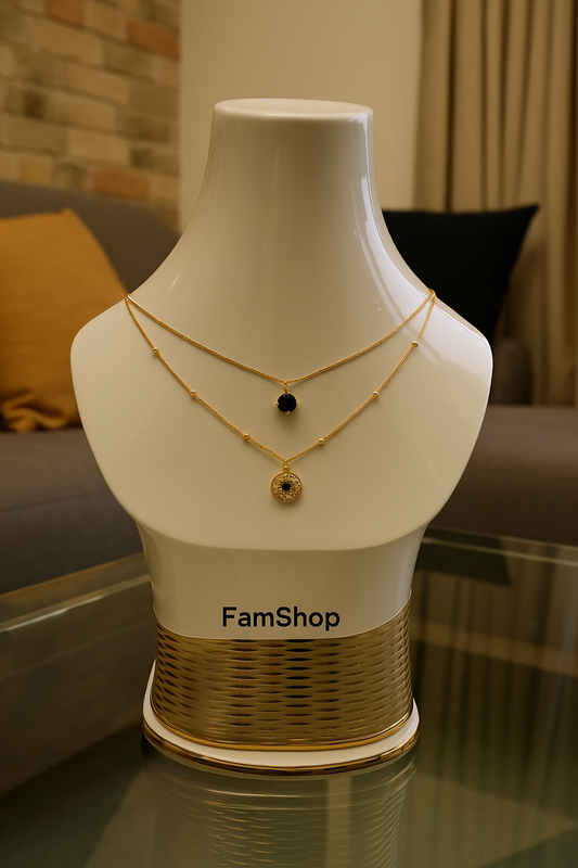 FamShop Double Layer Minimal Charm Necklace – Black Stone & Round Pendant
